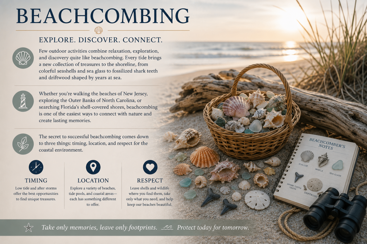 Beachcombing guide header with a basket of shells, sea glass, binoculars, and a beachcomber's notes journal on a sunlit shoreline