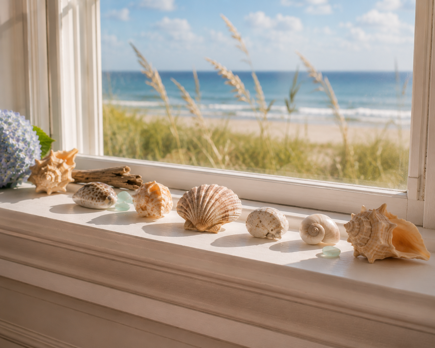 A sunny beachside windowsill lined with a simple row of shells overlooking the shore