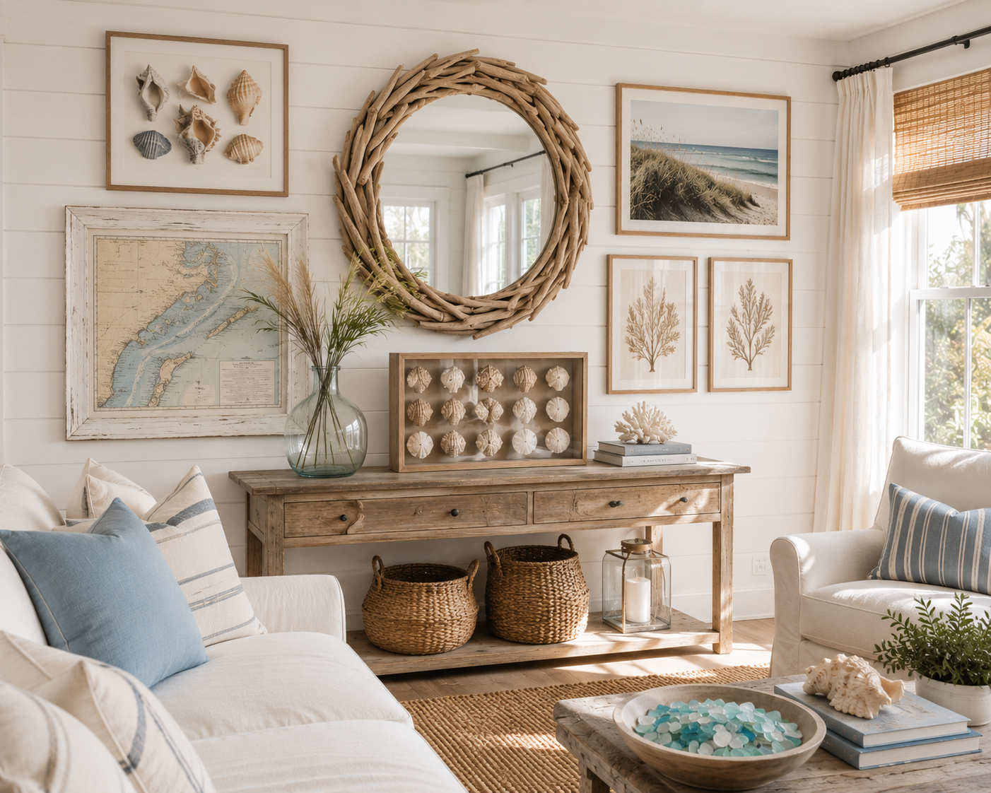 Beach cottage wall decor with framed shells, coastal art, and a driftwood mirror