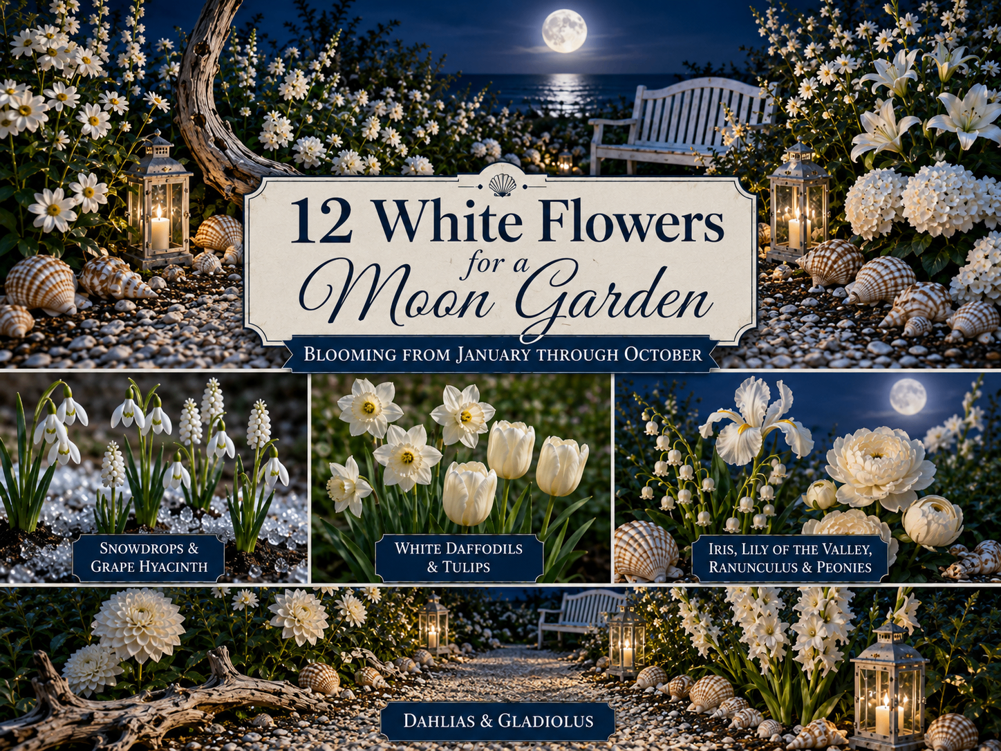 Glowing white spring bulbs in a moonlit white garden with shell-edged beds