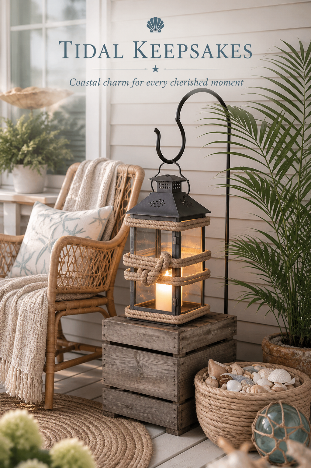 Coastal front porch with wicker chair, rope-wrapped lantern, and collected shells