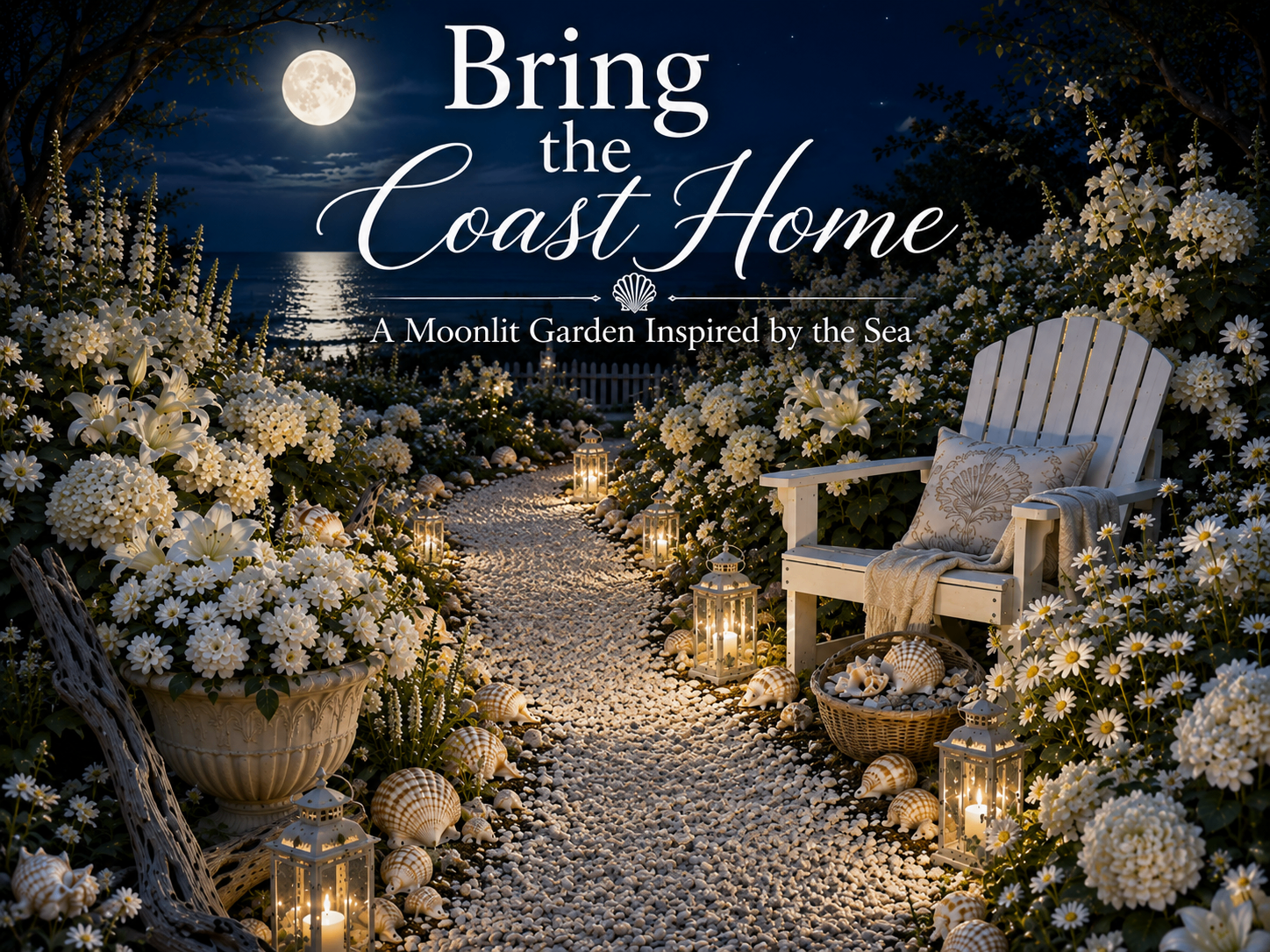 A serene moonlit white garden at dusk with white blooms, shells, and soft lantern light bringing the coast home