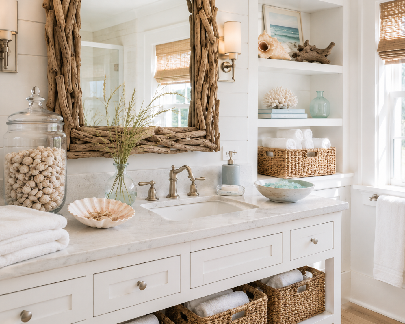 Coastal bathroom with driftwood mirror, shell accents, woven baskets, and white towels