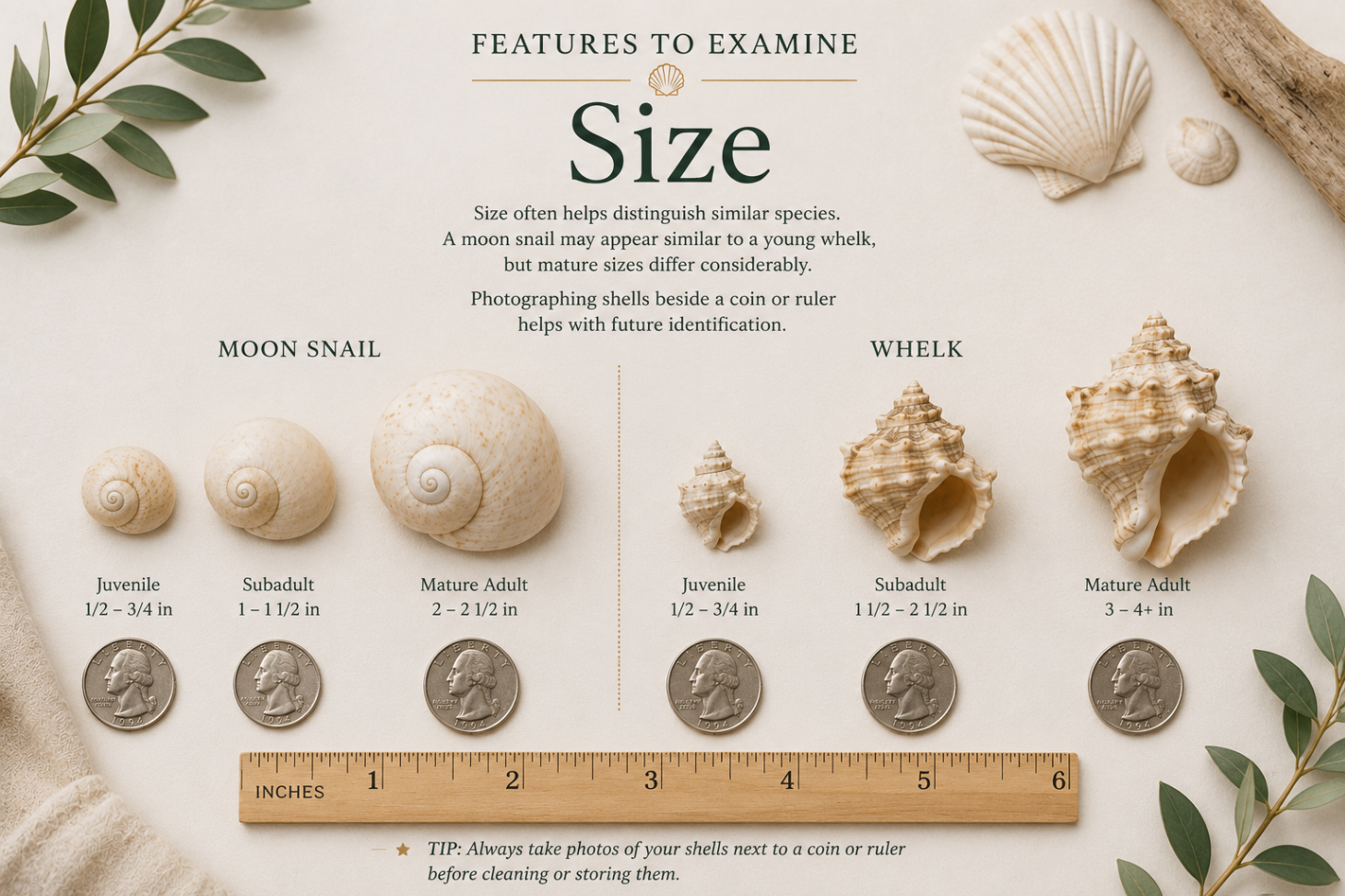 Size identification reference comparing juvenile, subadult, and mature moon snails and whelks with coin and ruler scale