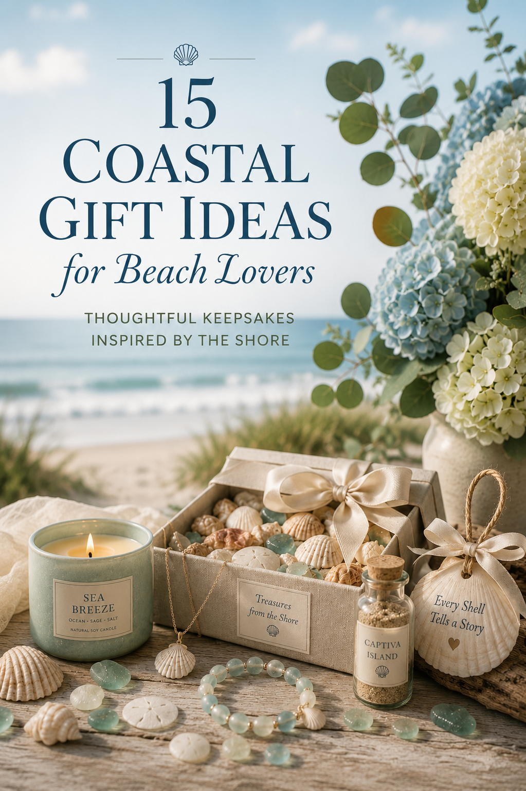 Linen-wrapped gift box of seashells with ribbon, sand vial and starfish