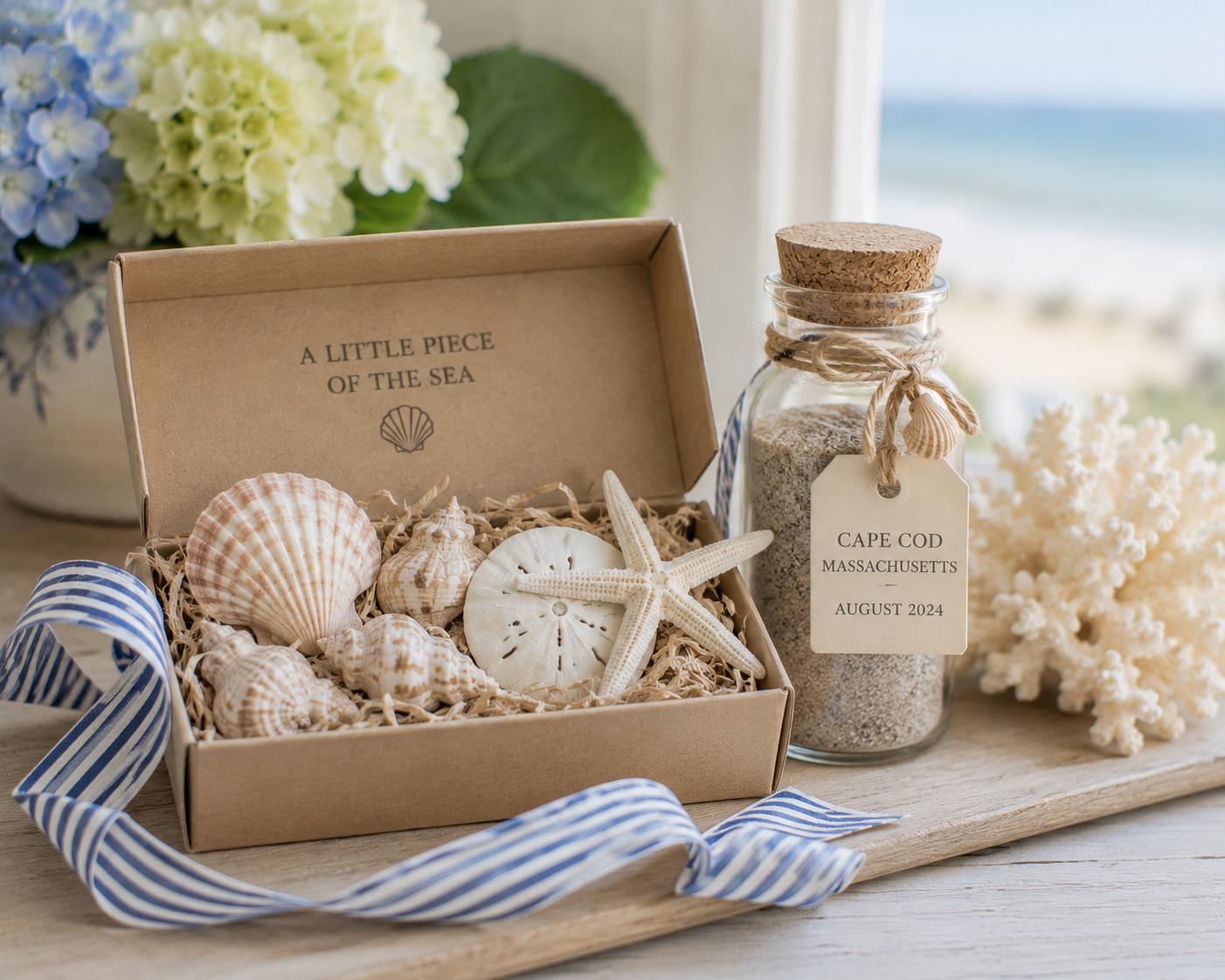 Personalized sand vial labeled with Cape Cod and paired with shells in a keepsake gift box