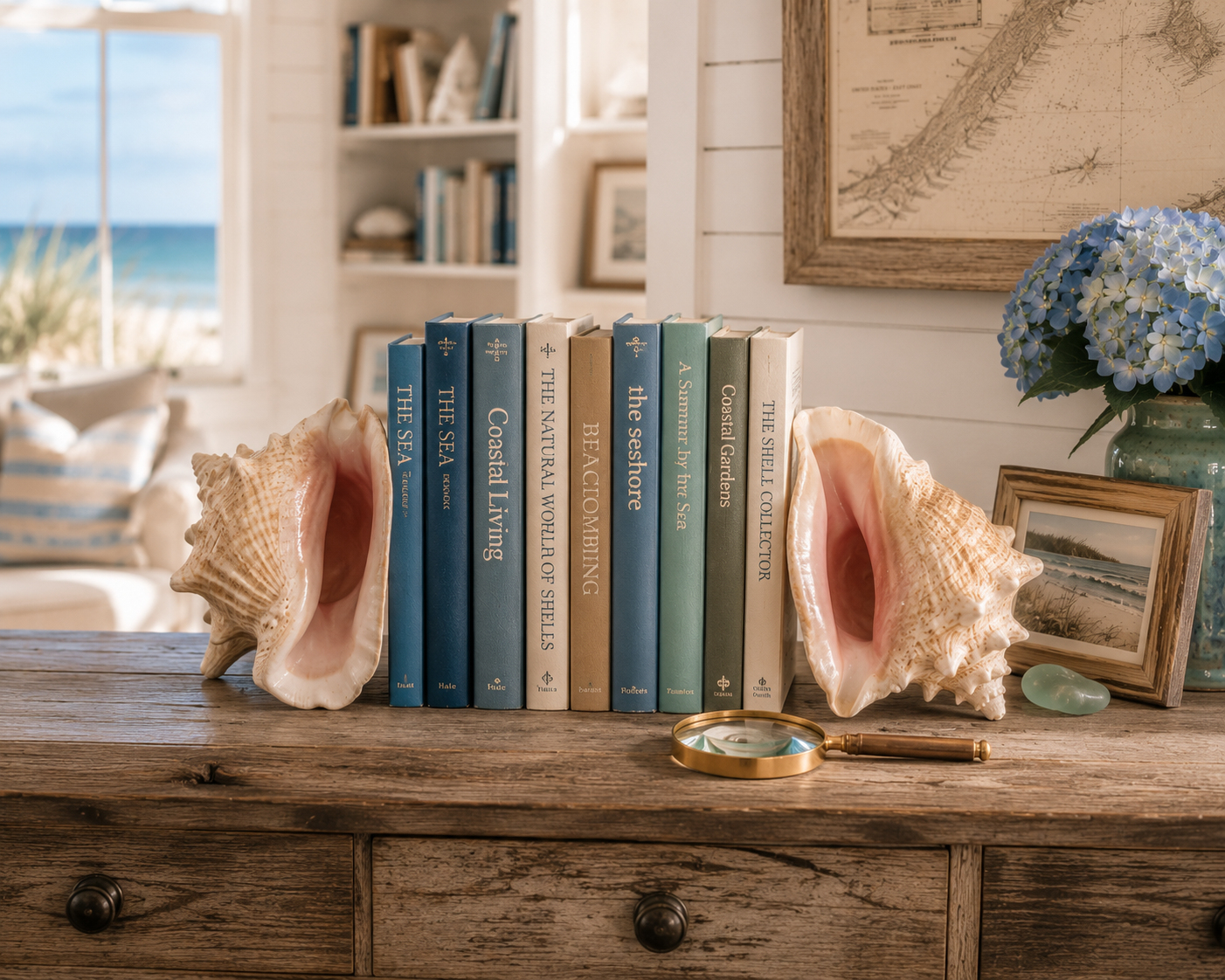 Two large conch shells used as bookends around a row of coastal books