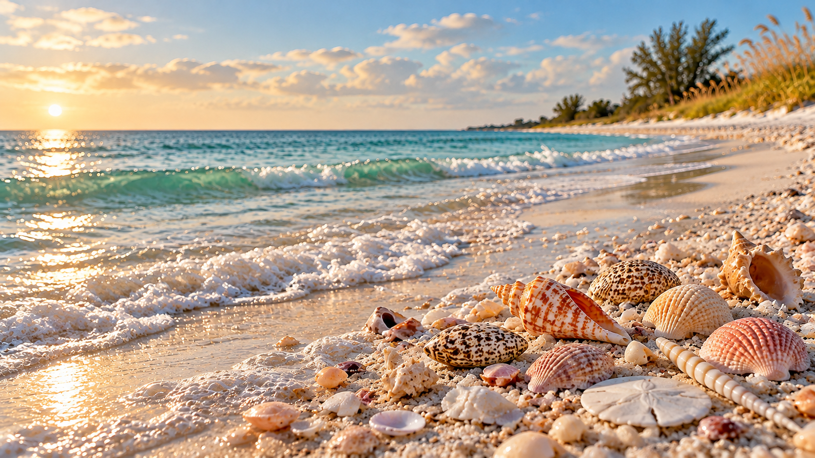 The Ultimate Shelling Guide to Anna Maria Island hero image showing Gulf Coast shells on the beach at sunrise