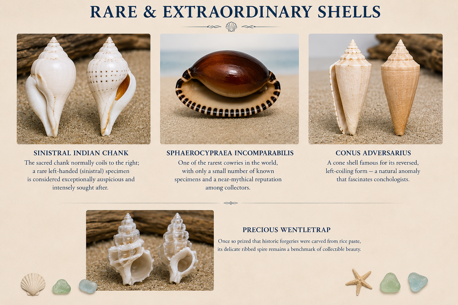 Illustrated chart of rare and extraordinary shells including the Sinistral Indian Chank, Sphaerocypraea incomparabilis, Conus adversarius, and Precious Wentletrap