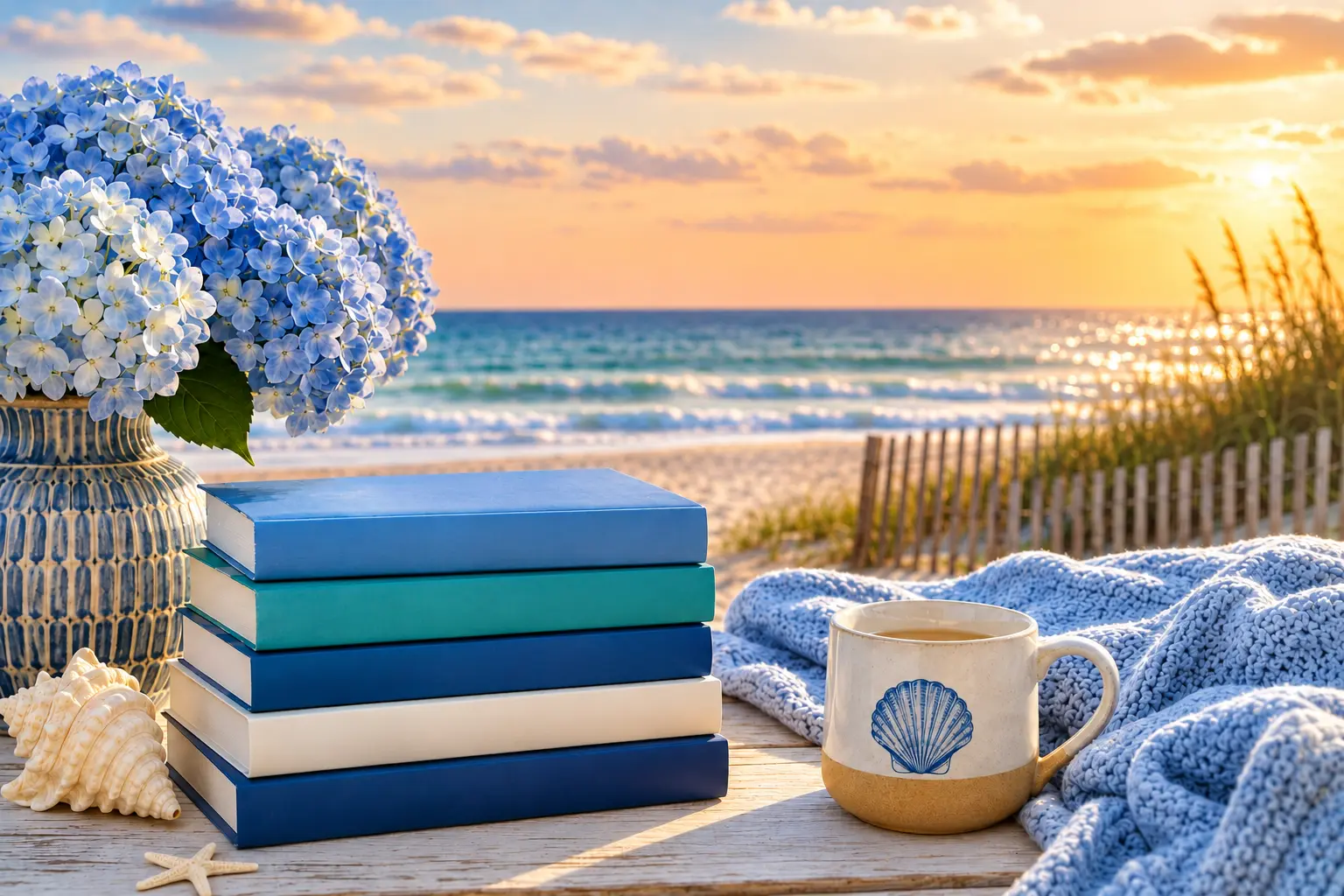 Stack of blue beach reads with hydrangeas and shell mug by the ocean