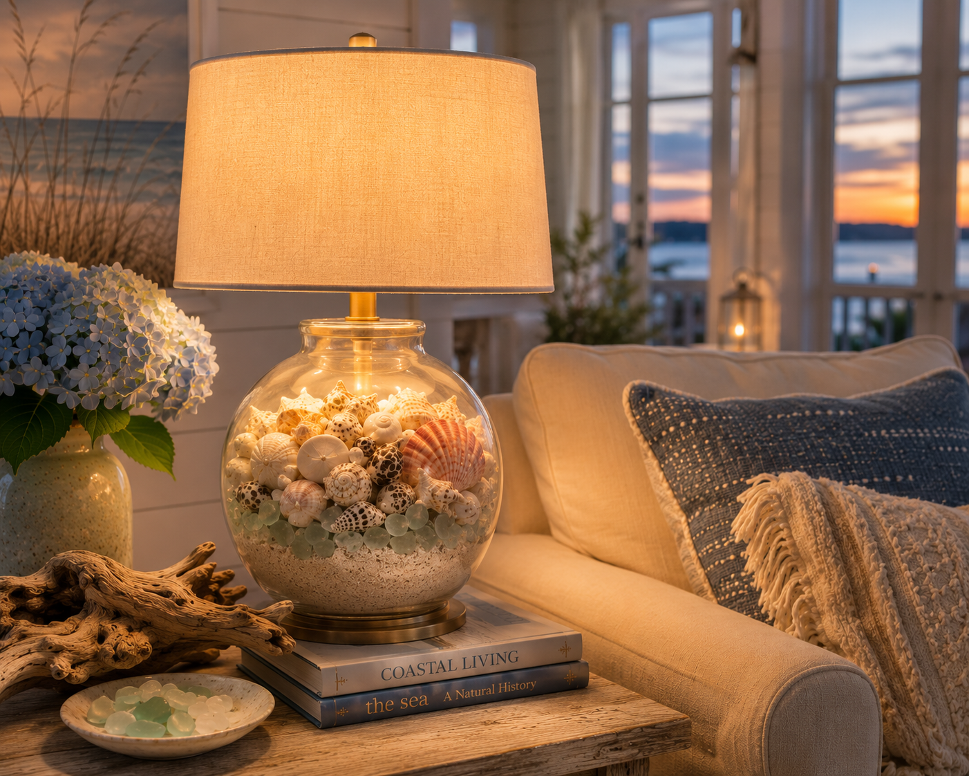 A glass table lamp base filled with seashells, sea glass, and sand glowing beside a sofa