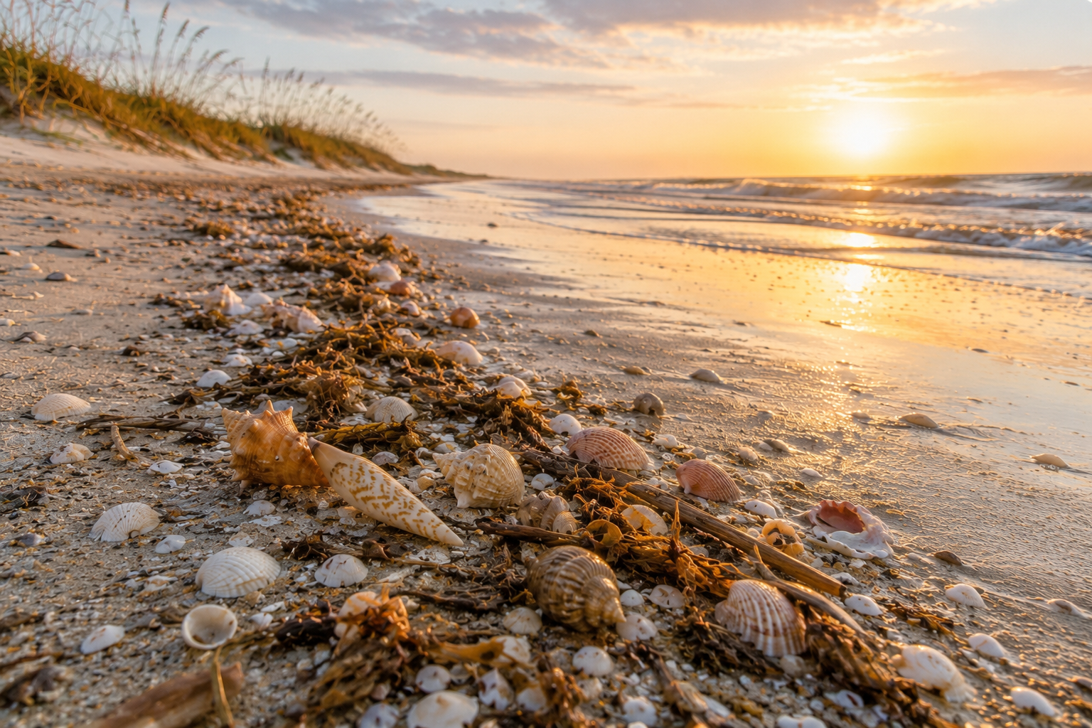 Sunrise light spilling across an Atlantic barrier-island beach with a fresh tide line of shells.