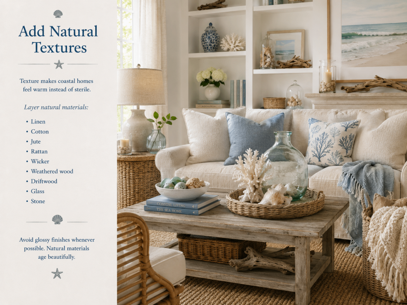Styled coastal vignette layering linen, wicker baskets, a jute rug, driftwood, sea glass, shells, cotton throws, and white ceramics