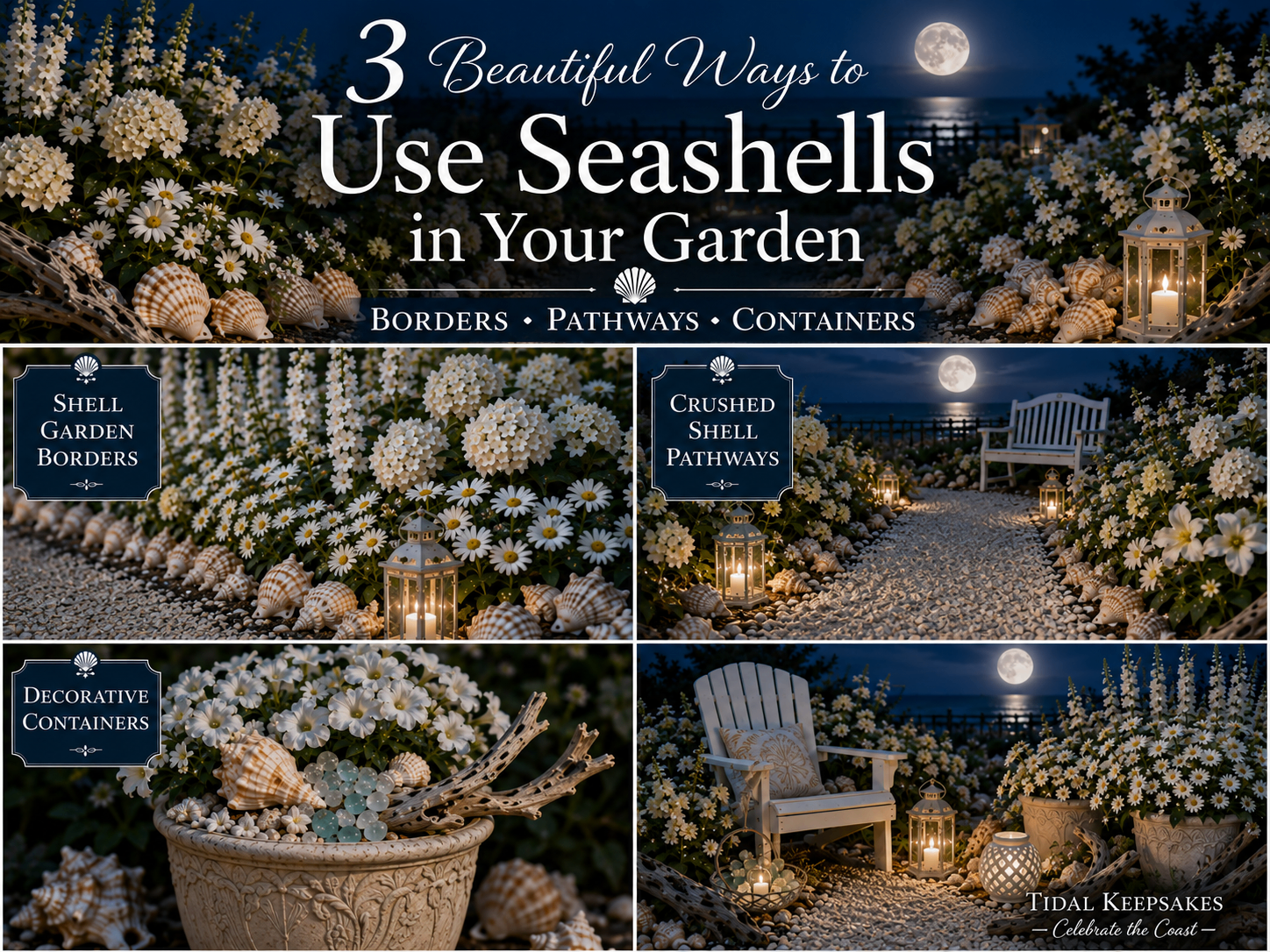 Shell-lined walkway and white container pots glowing in a moonlit white garden