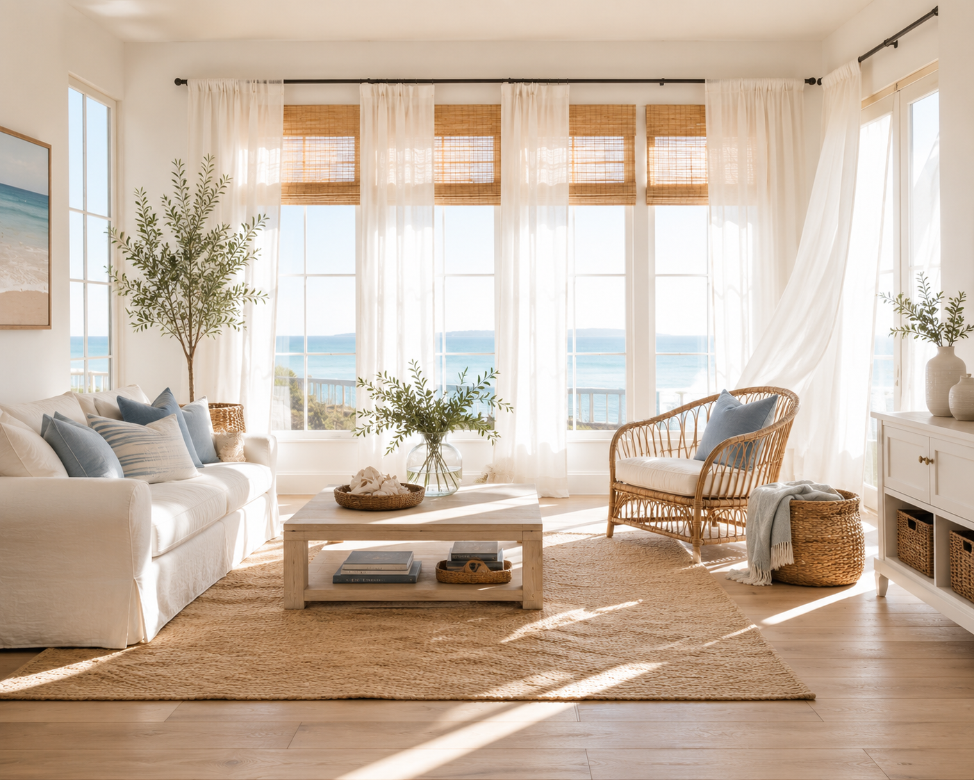 Bright coastal living room with sheer curtains, woven shades, and large sunlit windows