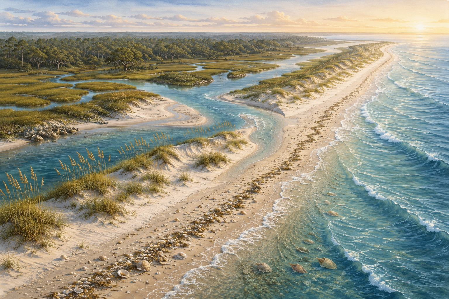 Aerial illustration of a barrier island system with dunes, salt marsh, tidal creek, and shell-strewn ocean shoreline.