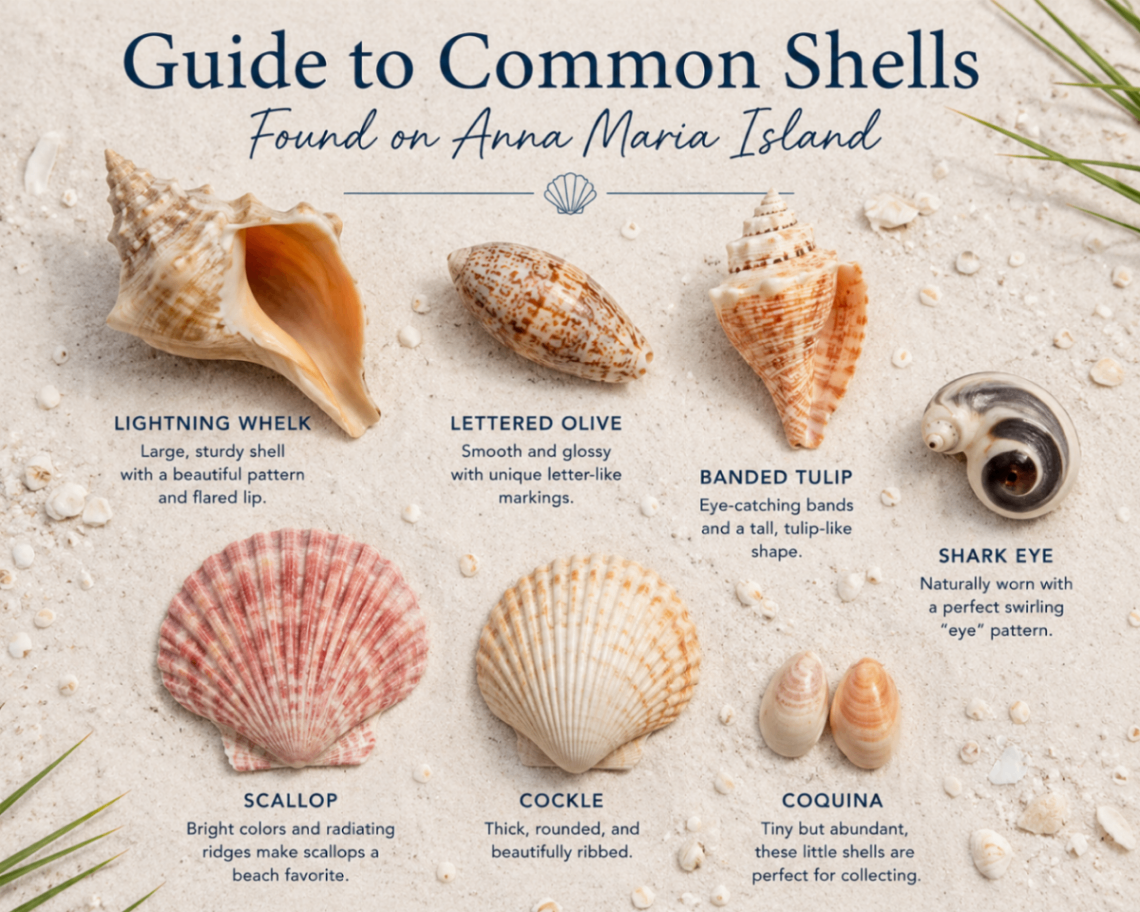 Guide to common Gulf Coast shells found on Anna Maria Island including lightning whelk, lettered olive, banded tulip, shark eye, scallop, cockle, and coquina