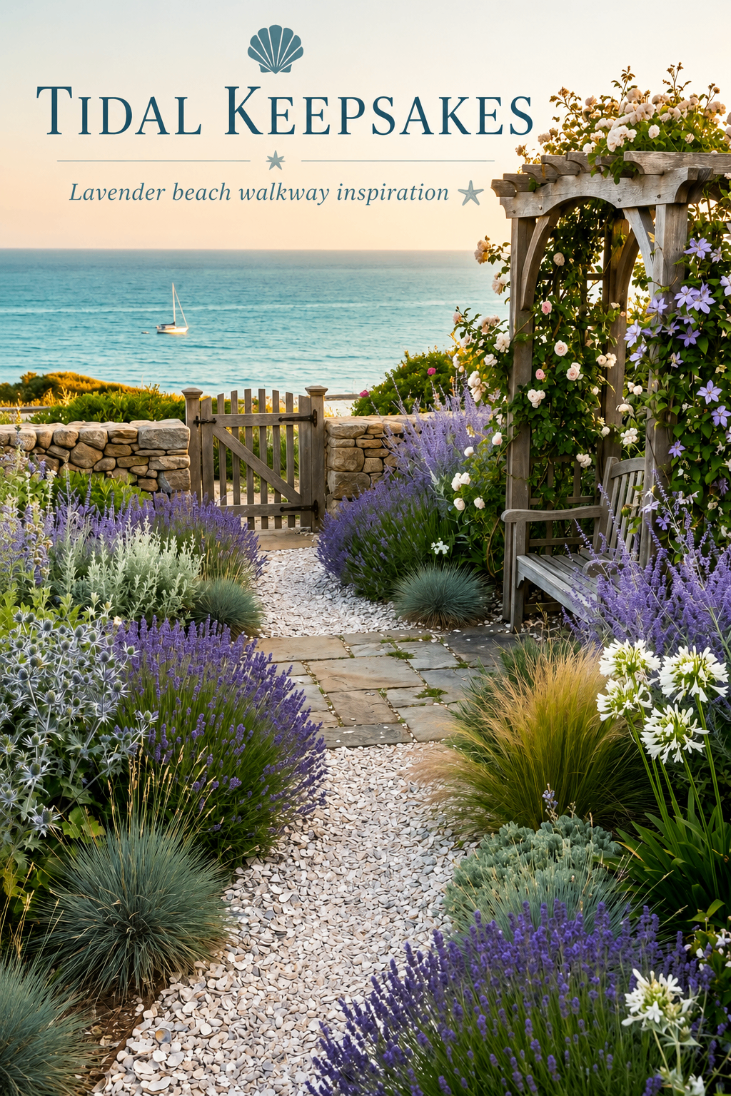 Crushed shell walkway edged with lavender and ornamental grasses overlooking the sea