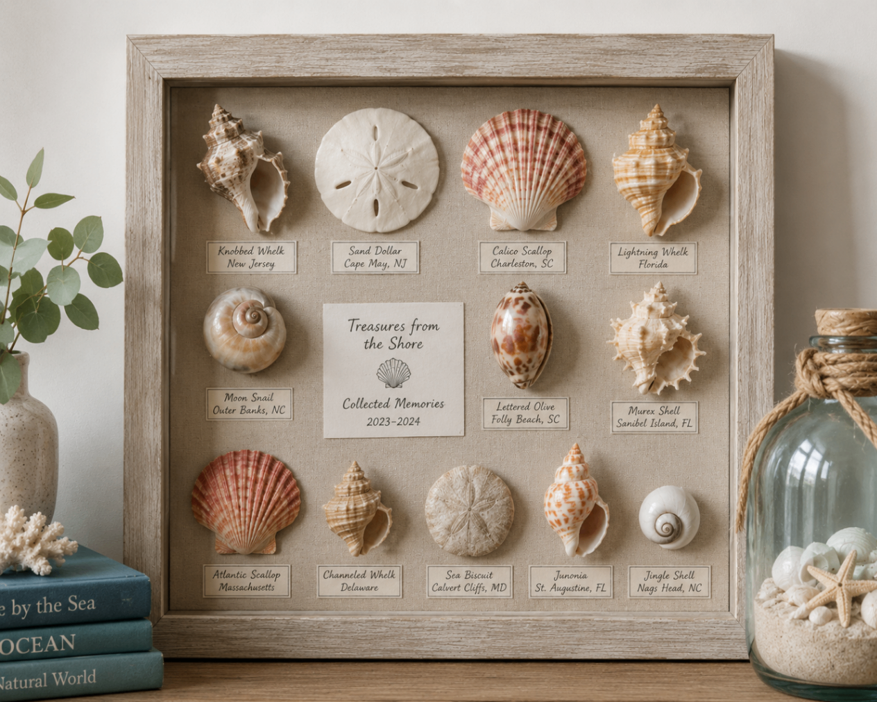 A shadow box frame displaying a labeled seashell collection as wall art