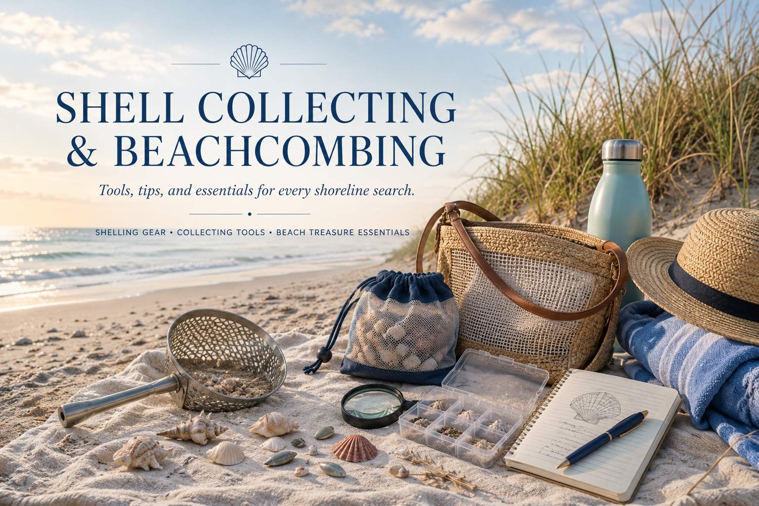 Beachcombing gear on the sand — mesh scoop, drawstring shell bag, magnifier, sorting case, journal, straw hat, and water bottle