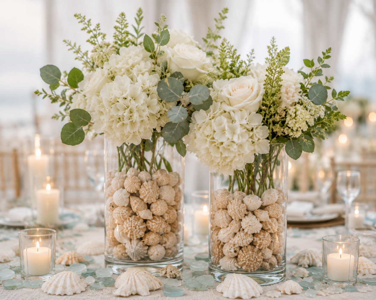 Tall glass cylinders filled with shells, sand, hydrangeas, roses, and eucalyptus