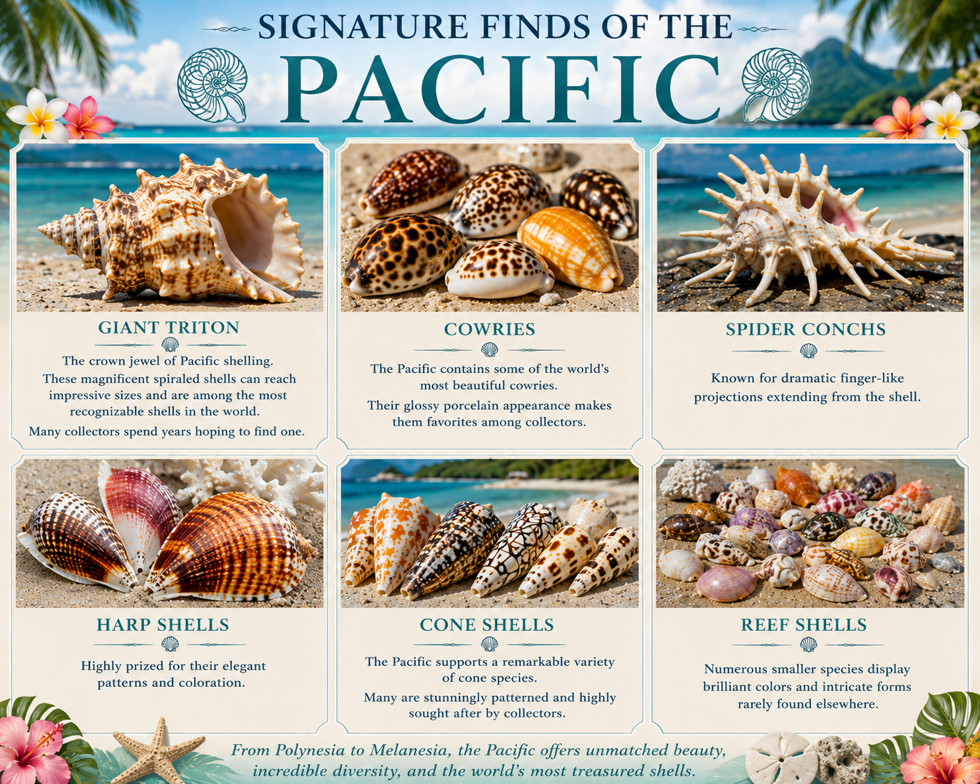 Signature finds of the Pacific: giant triton, cowries, spider conchs, harp shells, cone shells, and reef shells