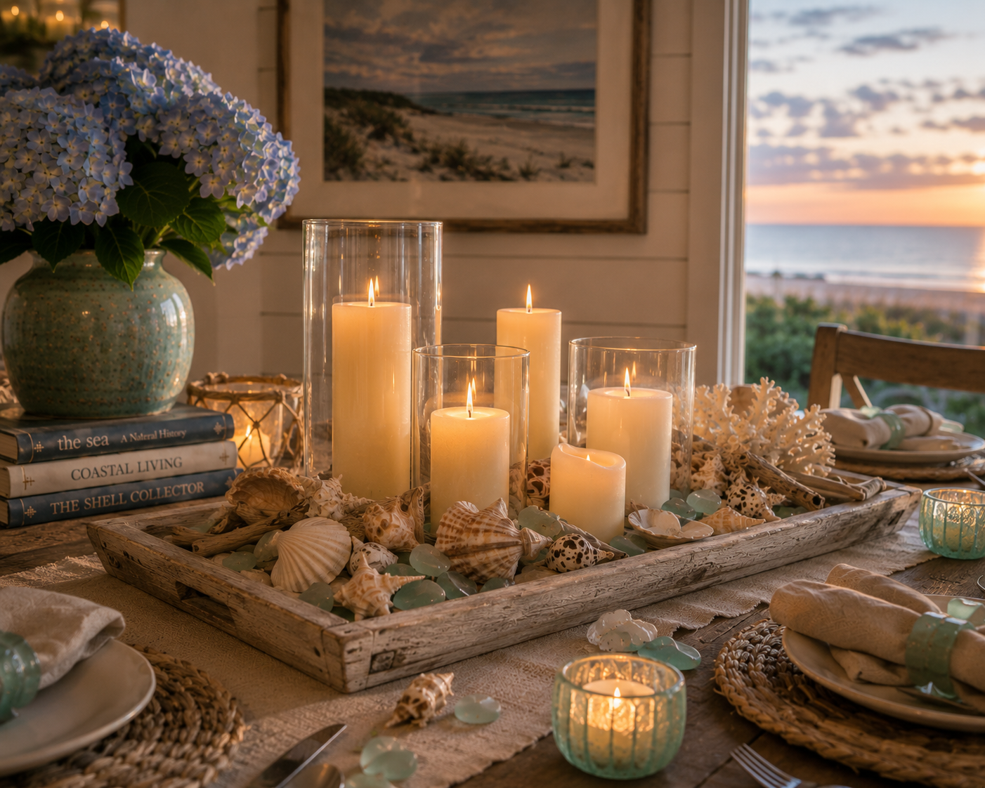 A tray of pillar candles surrounded by shells on a coastal dining table at sunset