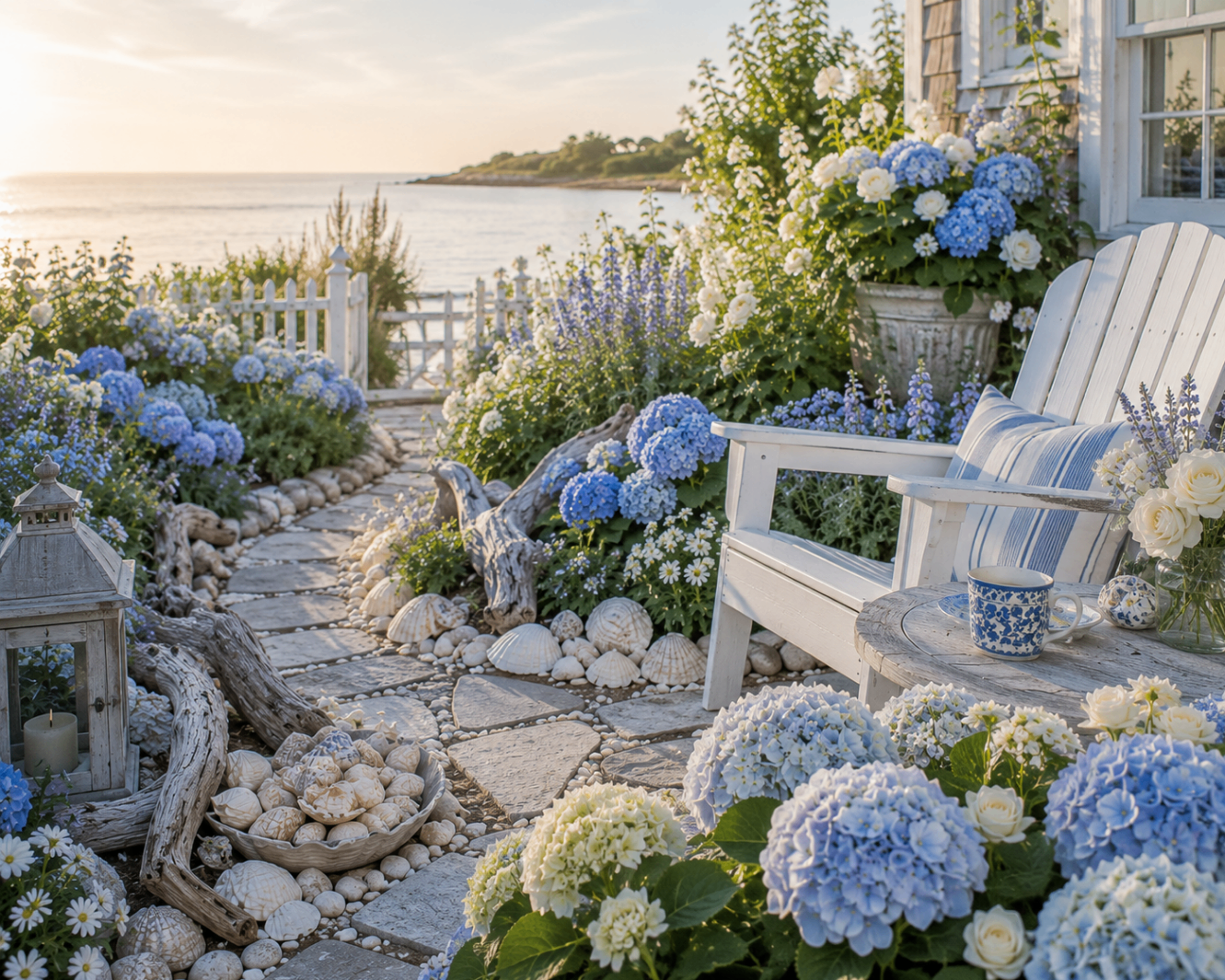 A white garden bench beside the sea styled with shells, hydrangeas, driftwood, and coastal flowers