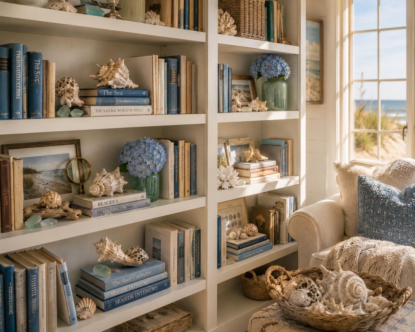 Seashells styled among blue and neutral books on coastal built-in shelves