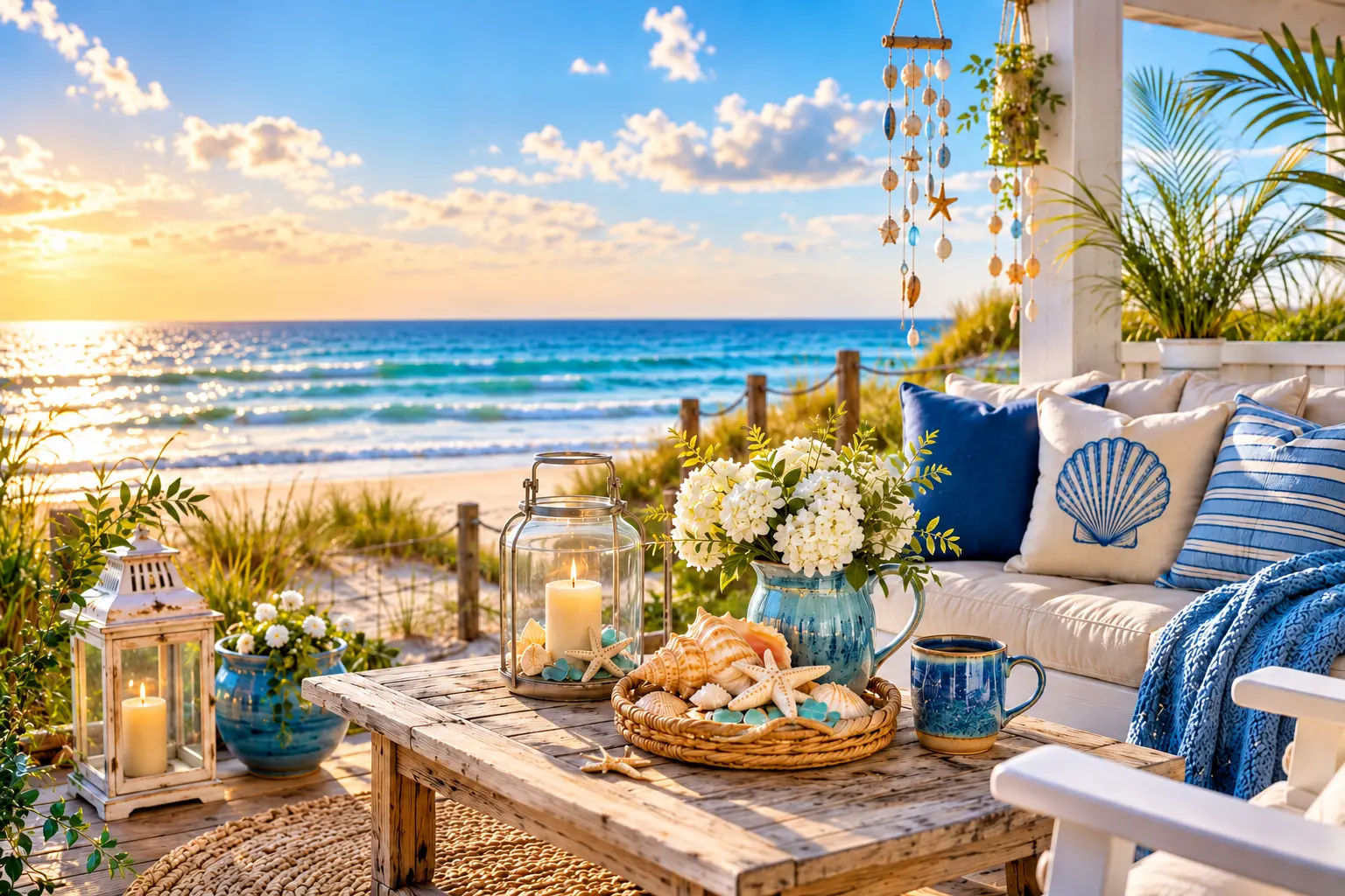 Coastal outdoor seating area overlooking the beach with lanterns, shells, and blue pillows