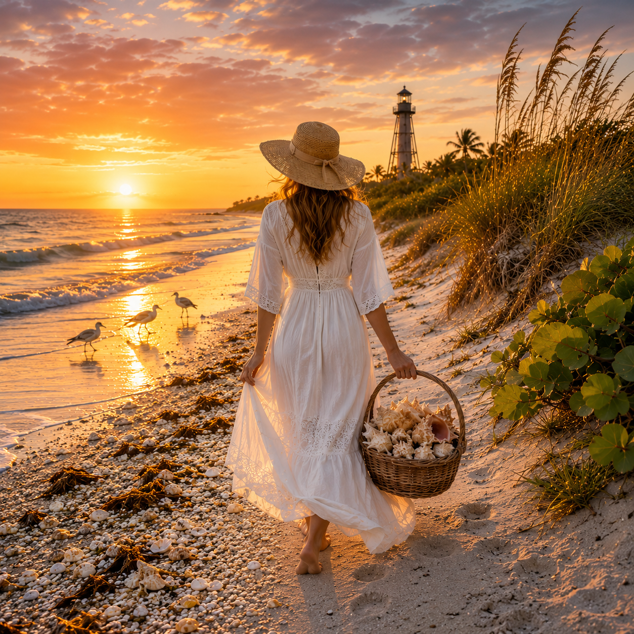A woman in a white dress carries a basket of shells along Sanibel Island beach at sunset near the lighthouse