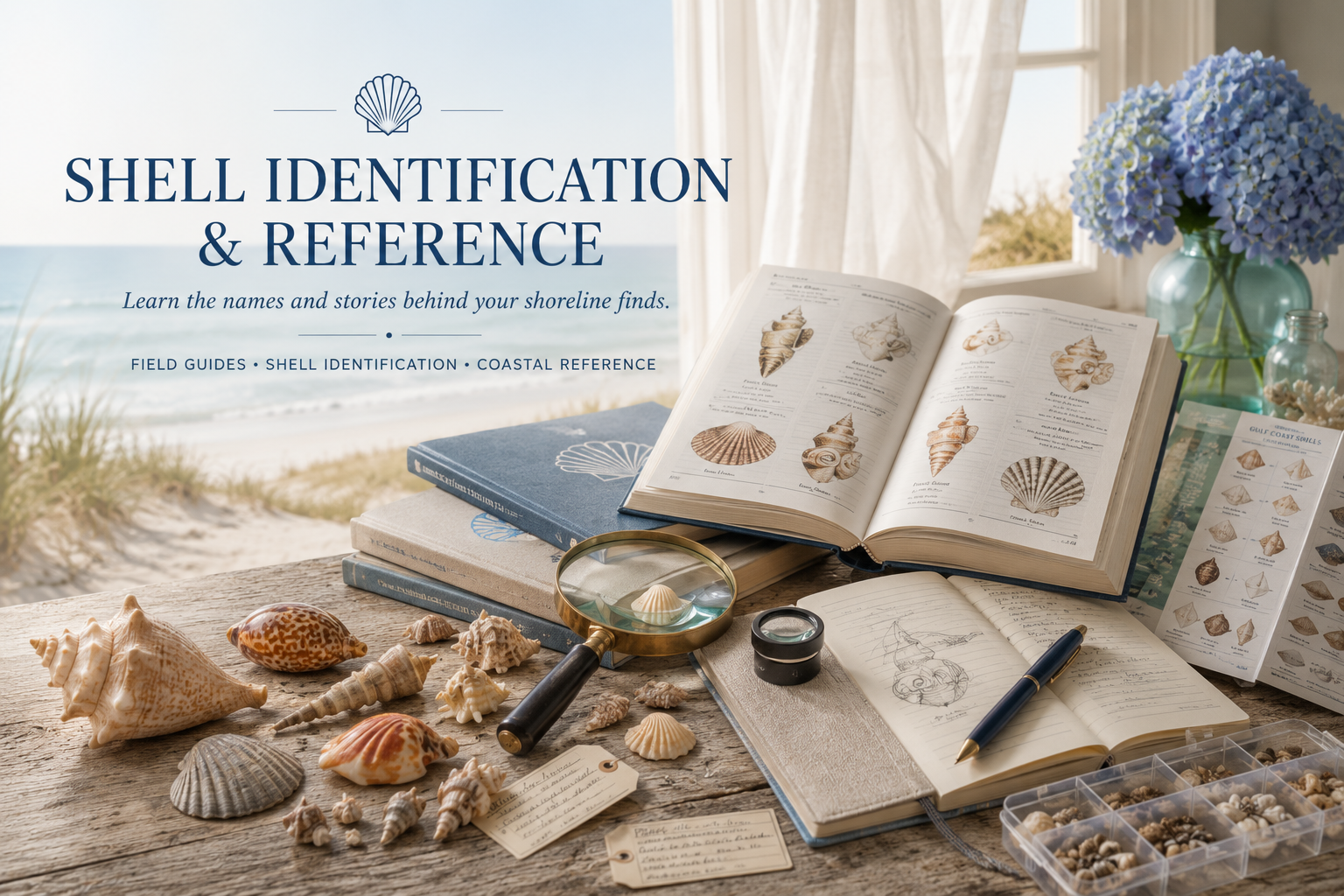 Open shell field guide with a magnifier, seashells, journal, and gulf coast shell chart on a wooden table by the sea