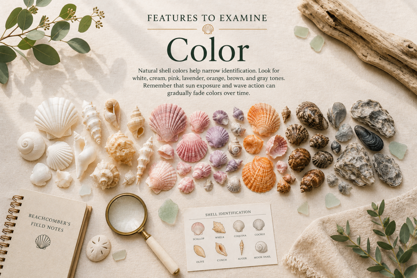 Features to examine color reference showing shells arranged by natural color from white and cream to pink, lavender, orange, brown, and gray