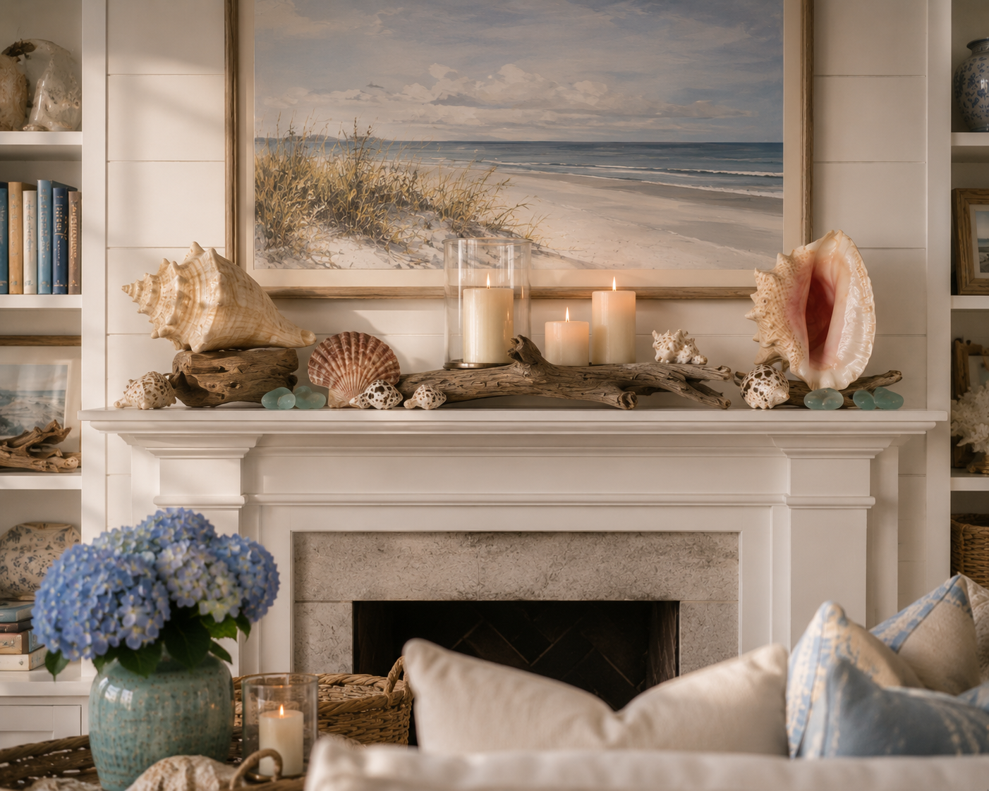 A coastal mantel styled with large shells, candles, driftwood, and a beach painting