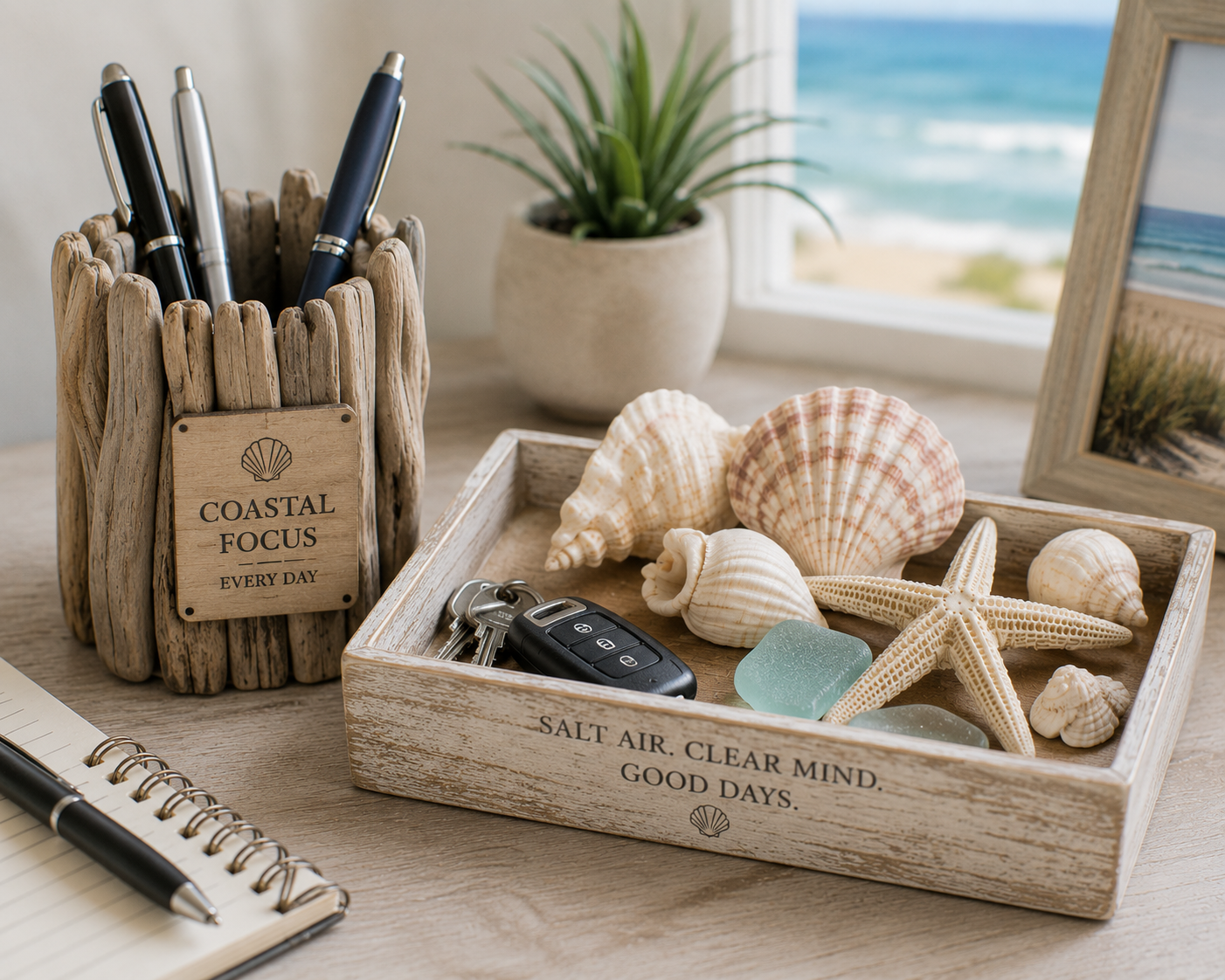 Driftwood pen holder and coastal catchall tray styled with shells and sea glass