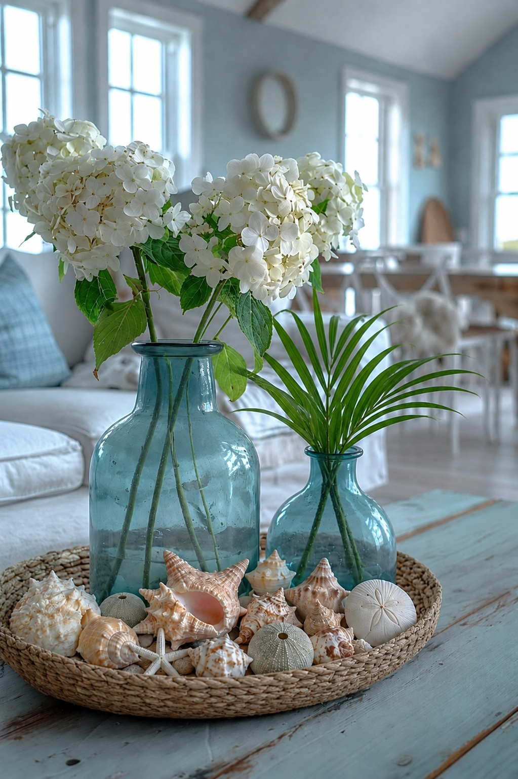 Coffee table styled with sea glass blue vases, white hydrangeas, and a woven tray of seashells