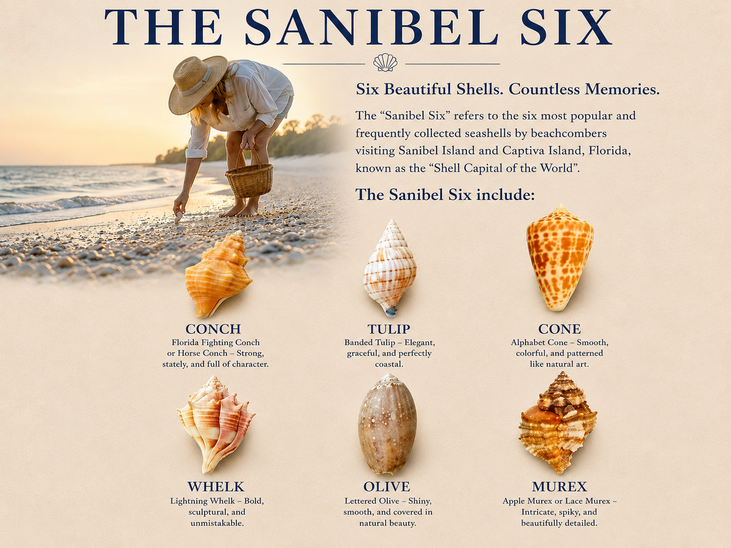 The Sanibel Six infographic showing the six most collected shells on Sanibel Island: conch, tulip, cone, whelk, olive, and murex