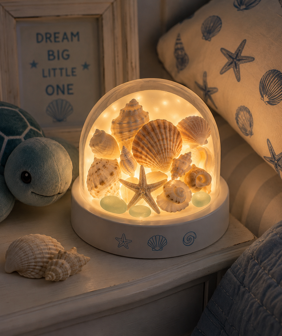 Soft glowing children's nightlight filled with seashells on a bedside table