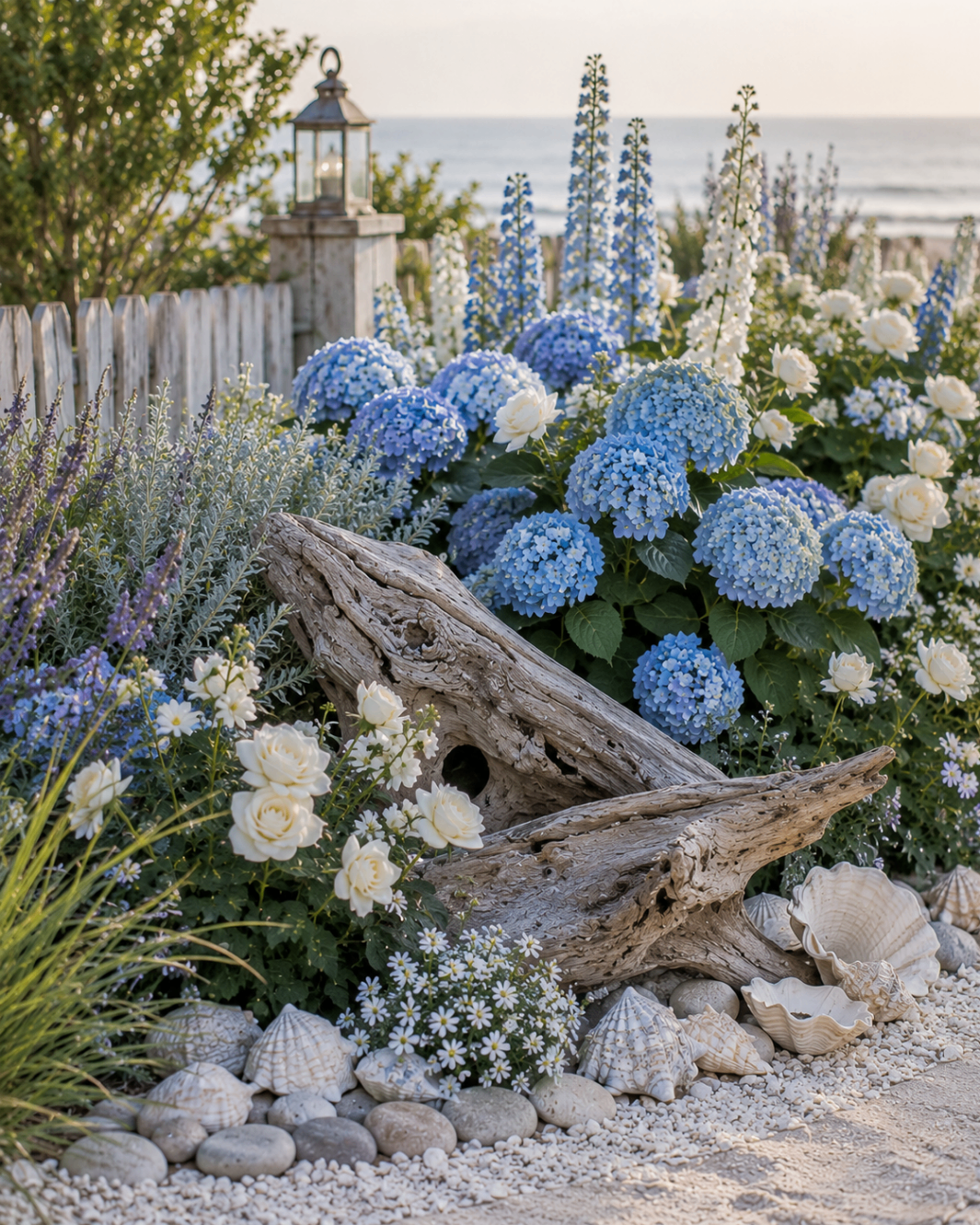 Weathered driftwood surrounded by shells, smooth stones, hydrangeas, and white flowers in a seaside garden