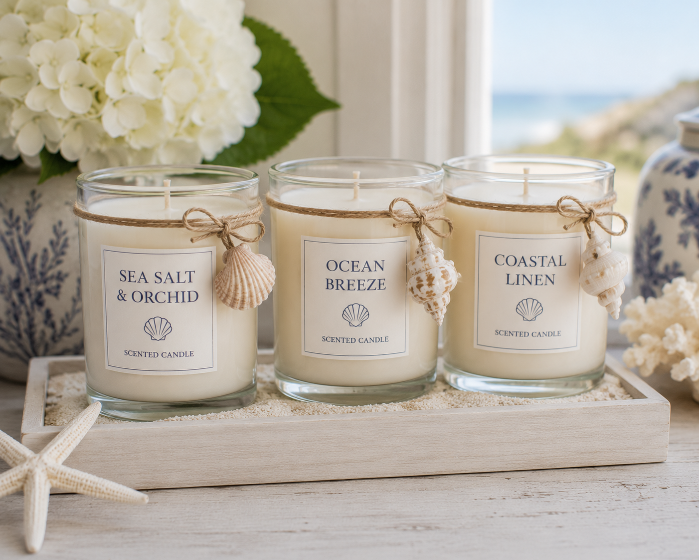 Coastal scented candle set with seashell accents arranged on a tray