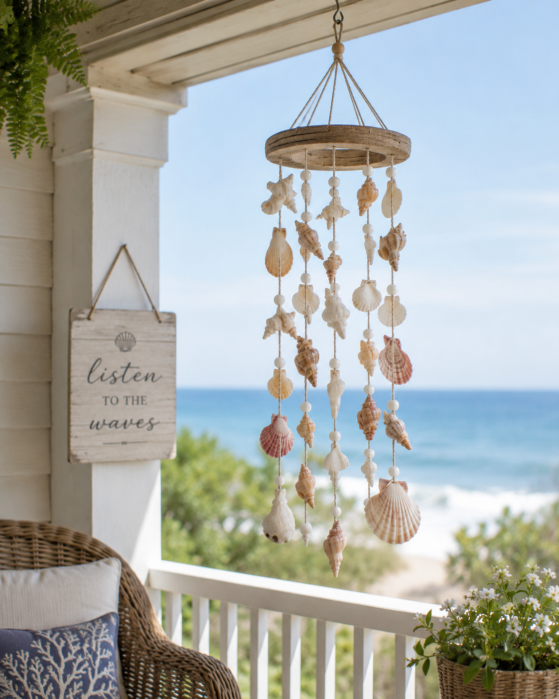 Seashell wind chime hanging on a sunny porch overlooking the ocean