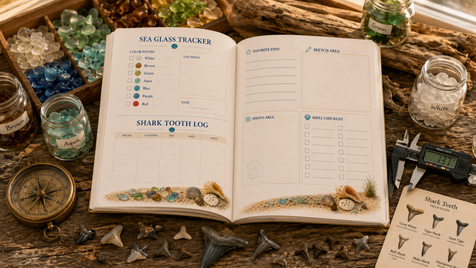 Sea Glass Tracker and Shark Tooth Log spread
