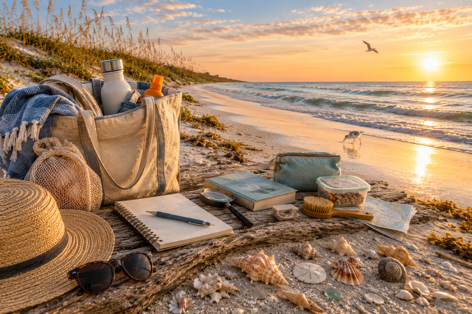 A Florida shelling day-trip kit staged on driftwood at sunset — canvas tote, water bottle, sunscreen, mesh bag, notebook, magnifier, brush, straw hat, and freshly gathered shells.