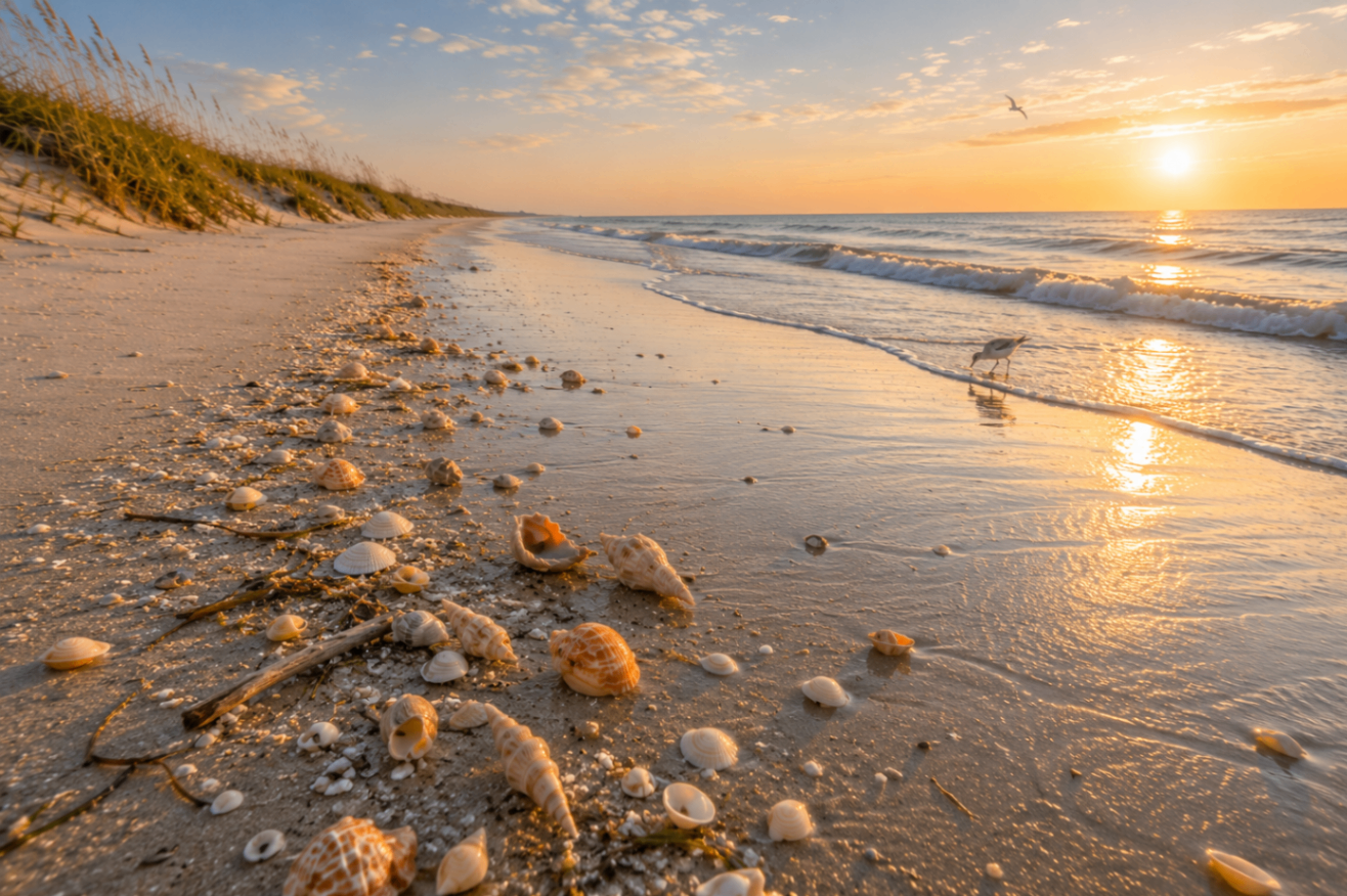 Sunrise low tide along an Atlantic shoreline — a fresh wrack line of whelks, augers, and cockles glowing in golden light as a sandpiper feeds at the water's edge.