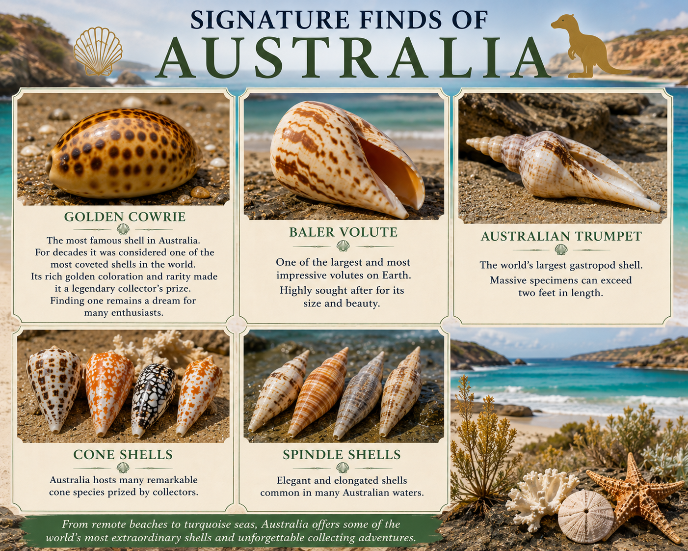 Signature finds of Australia: golden cowrie, baler volute, Australian trumpet, cone shells, and spindle shells
