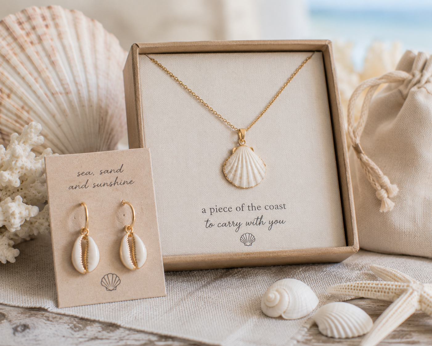 Shell pendant necklace and matching coastal earrings displayed in a gift box