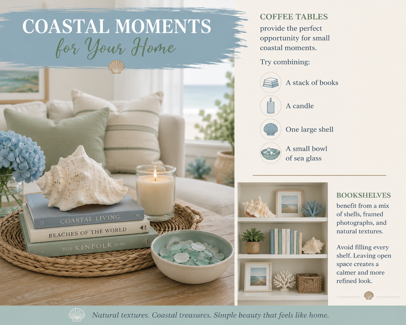 Coastal coffee table styling ideas with books, candle, shell, and sea glass