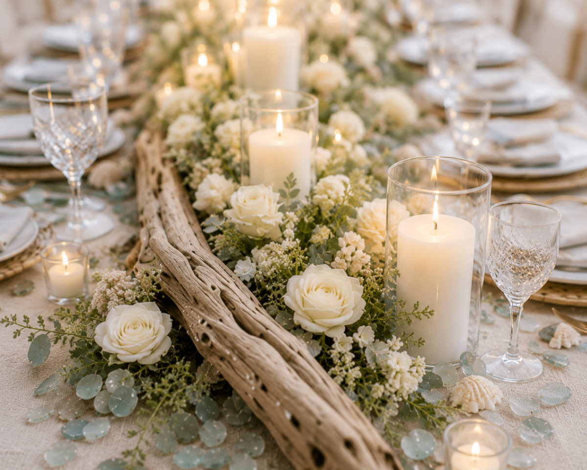 A reception table featuring driftwood surrounded by candles, greenery, and shells
