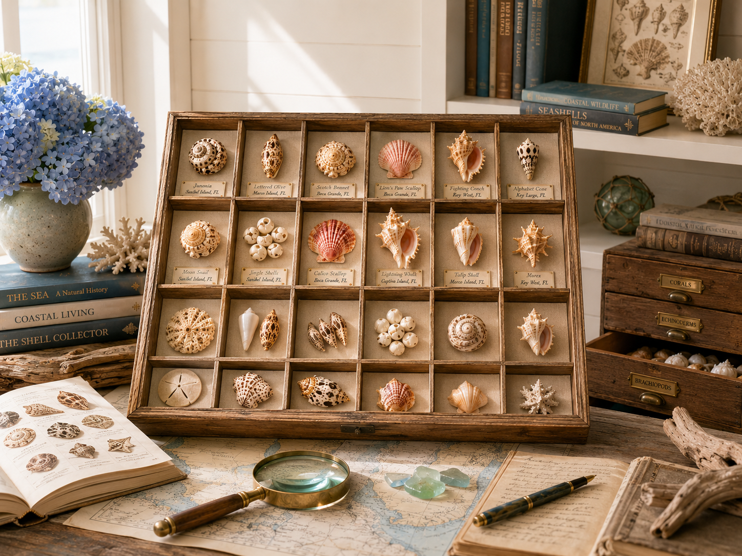 A compartmented specimen case filled with labeled shells arranged like a naturalist collection