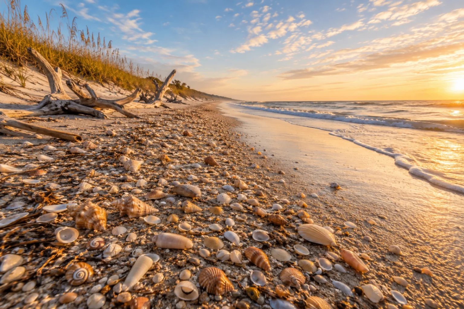 Amelia Island's wide Atlantic shore at low tide with a scatter of whelks and olive shells along the wrack line.